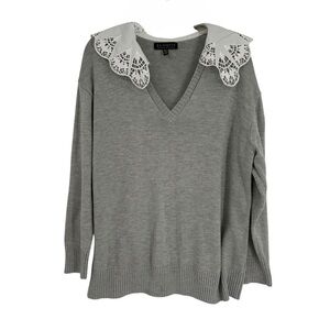 Eloquii Gray Sweater Women’s 3/4 Sleeve White Lace Collar Size 18/20 V-neck